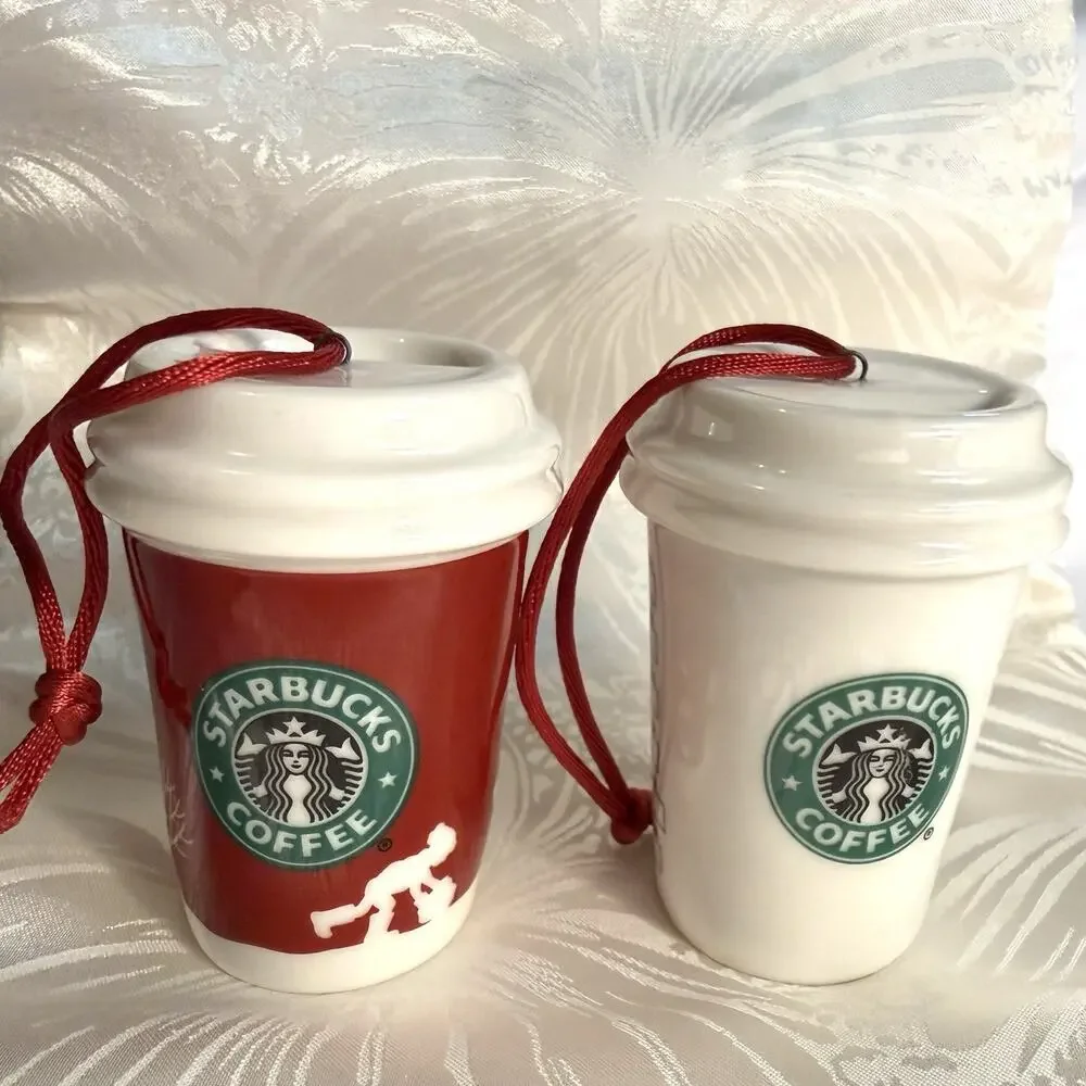 Starbucks 2006 Holiday Christmas Ornaments Set of 2 Travel To Go Cups Ceramic